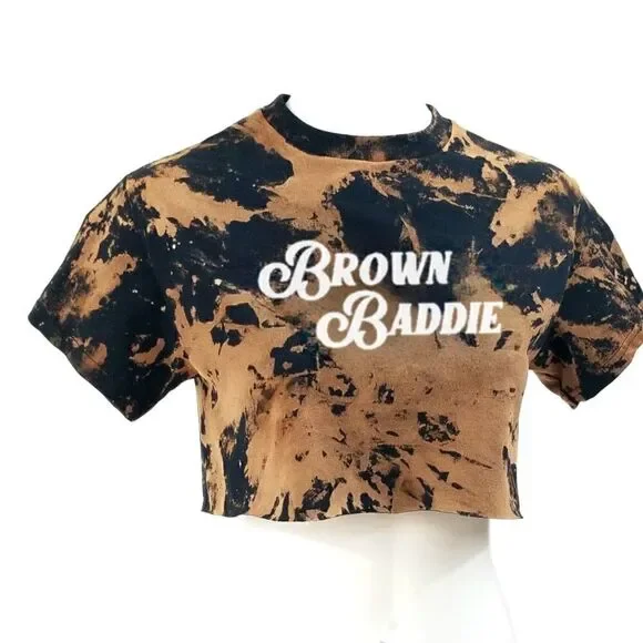 BROWN BADDIE Acid Wash, Distressed "Cropped" Crop Top Rock/Punk style Tee Latina - Picture 2 of 5